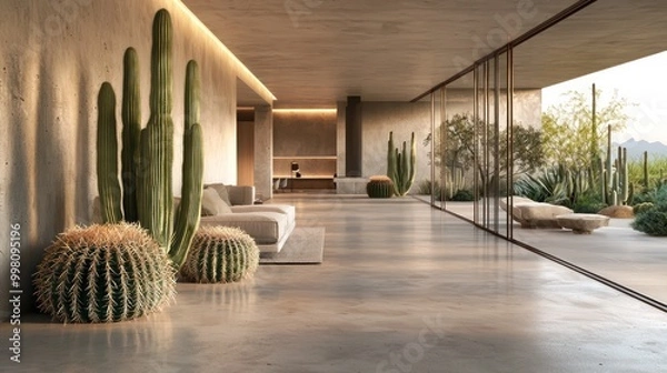 Fototapeta A minimalist desert home interior with smooth concrete floors, large cacti, and simple, elegant furniture
