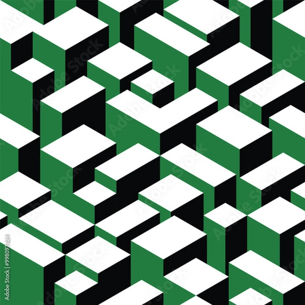 Obraz Seamless isometric vector pattern background. Green, black and white, comics colours. Endless various sized isometric rectangles, cubes, prisms
