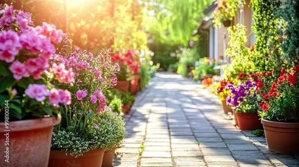 Fototapeta Vibrant flower garden along a sunny pathway.