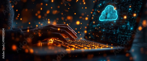 Fototapeta Cybersecurity Concept with Hands Typing on a Laptop Keyboard Surrounded by Digital Data and Security Icons, Representing Information Security, Online Protection, and Data Encryption