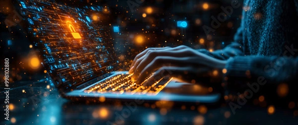 Fototapeta Cybersecurity Concept with Hands Typing on a Laptop Keyboard Surrounded by Digital Data and Security Icons, Representing Information Security, Online Protection, and Data Encryption