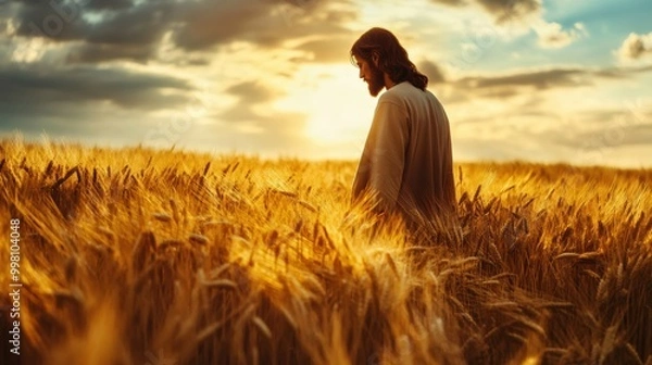 Fototapeta  Jesus standing in a golden wheat field during autumn, serene and peaceful atmosphere