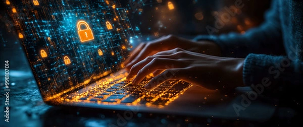 Fototapeta Cybersecurity Concept with Hands Typing on a Laptop Keyboard Surrounded by Digital Data and Security Icons, Representing Information Security, Online Protection, and Data Encryption