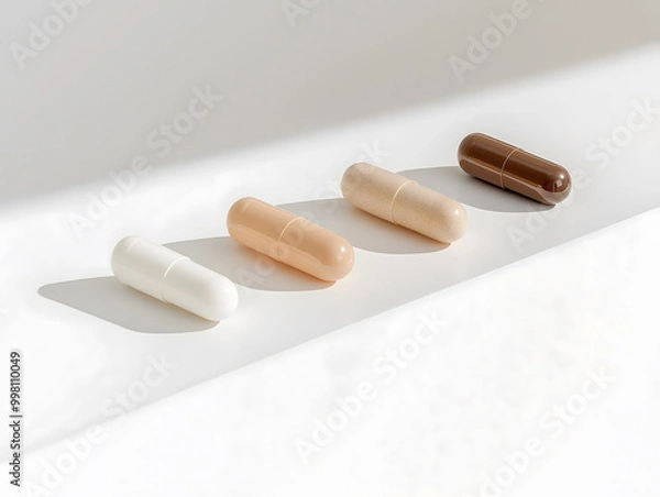 Fototapeta Close-Up of Colorful Vitamins and Supplements in Minimalist Containers on Neutral Background
