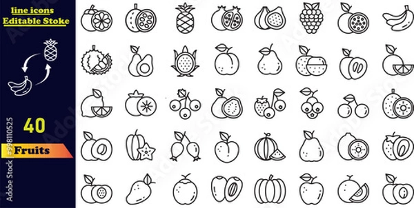 Fototapeta Fruits stroke icon set including apple, banana, strawberry, orange, watermelon, coconut, avocado, and lemon. Outline icon collection with editable strokes.