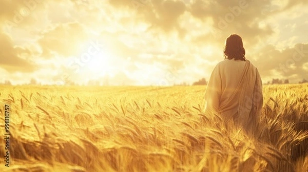 Fototapeta  Jesus standing in a golden wheat field during autumn, serene and peaceful atmosphere