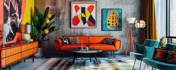 Fototapeta A post-modern living room with angular furniture, bold graphic art, and vibrant color contrasts