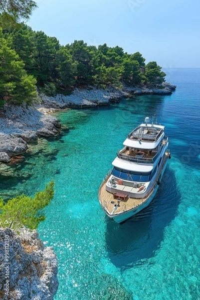 Fototapeta Serene Sailboat Slicing Through Clear Blue Waters from Above on a Sunny Afternoon