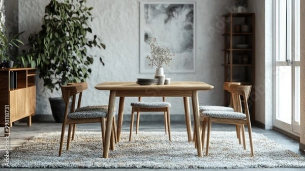Fototapeta A Scandinavian dining room with a simple wooden table, matching chairs, and a cozy woolen area rug