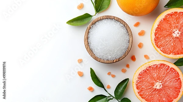 Fototapeta citrus fruit background, Natural citrus cosmetics. Spa salt near grapefruit on white background top view copy space .