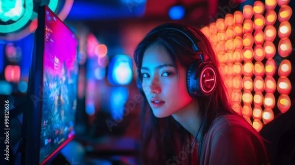 Fototapeta Enthusiastic Gamer Women with Headphones