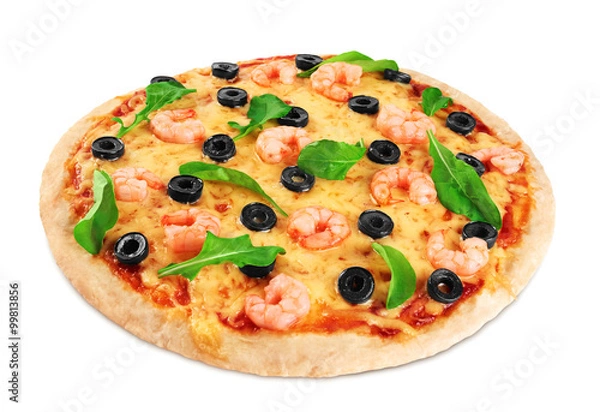 Fototapeta Pizza with shrimp olives and arugula on a white background.