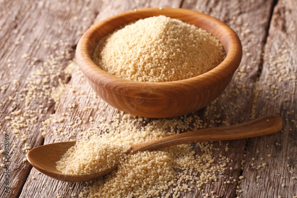 Fototapeta Rustic couscous in a wooden bowl close-up. Horizontal
