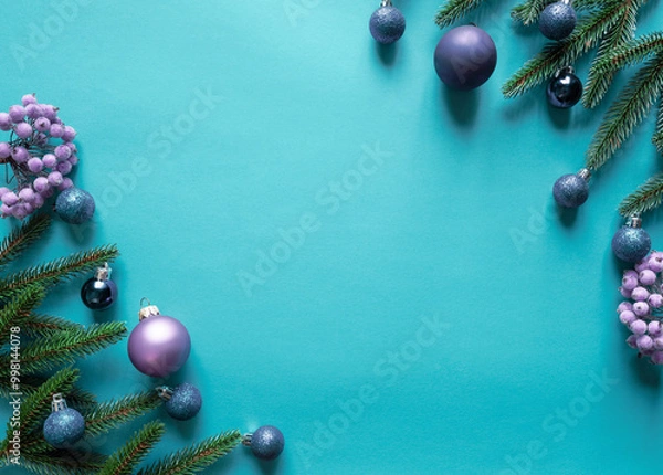 Fototapeta Christmas card concept with fir tree branches, presents, snowflakes, decorations on blue background.