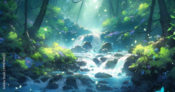 Fototapeta serene waterfall cascades through vibrant forest, creating magical atmosphere