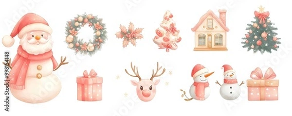 Fototapeta Set of Christmas icons, soft lighting, pastel colors, cute digital art.