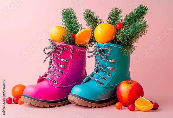 Fototapeta Photo of multi-colored shoes with fir branches sticking out, sweets and fruits for St. Nicholas Day.