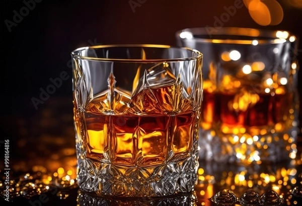 Obraz close shot whiskey glass vibrant lighting emphasizing rich color textural details, texture, drink, alcohol, beverage, amber, reflection, clarity, liquid