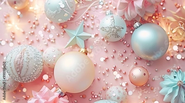 Fototapeta Holiday background with twinkling Christmas lights, snowflakes, and ornaments hanging from pine branches.