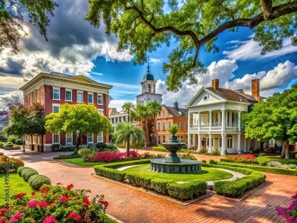 Fototapeta Scenic View of Hutchinson Square in Summerville South Carolina with Historic Buildings and Greenery