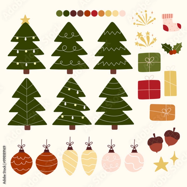 Obraz A minimalist collection of Christmas and New Year-themed icons with Christmas trees, ornaments, presents, and festive symbols, evoking a cozy holiday celebration_5000px