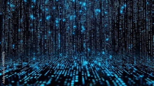 Obraz Abstract blue matrix with binary code streams, symbolizing futuristic technology and data flow.