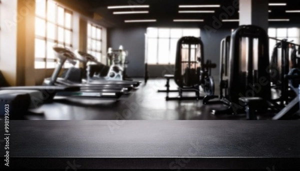 Fototapeta Black table top with gym background for product. Empty countertop mockup for sports nutrition or equipment. the gym