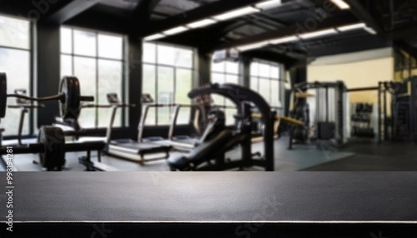 Fototapeta Black table top with gym background for product. Empty countertop mockup for sports nutrition or equipment. the gym