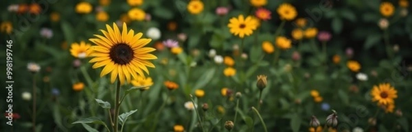 Fototapeta A vibrant field of sunflowers in various colors, with a central sunflower in the foreground, is surrounded by green foliage, creating a serene and tranquil scene
