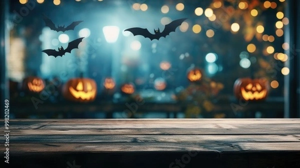 Fototapeta Empty rustic table in the foreground with a blurred Halloween scene of bats, jack-o'-lanterns, and flickering lights in the background. Perfect for mockups and copy space.