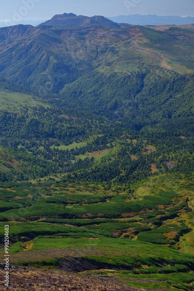 Fototapeta 百名山旭岳登山　大雪山旭岳登山道からの紅葉の十勝岳方面の景色