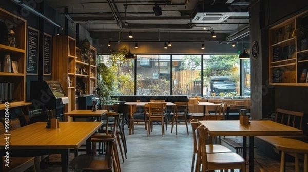 Fototapeta A chic and modern coffee shop with minimalist decor, comfortable seating, and a warm, welcoming atmosphere, perfect for meeting friends or relaxing with a book.