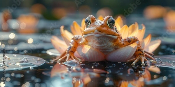 Obraz A frog sitting on a lily pad in a pond