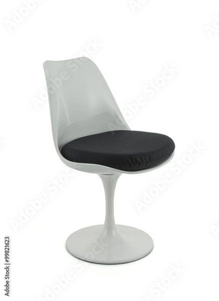Obraz White Plastic Retro Chair with Black Cushion on White Background, Three Quarter View