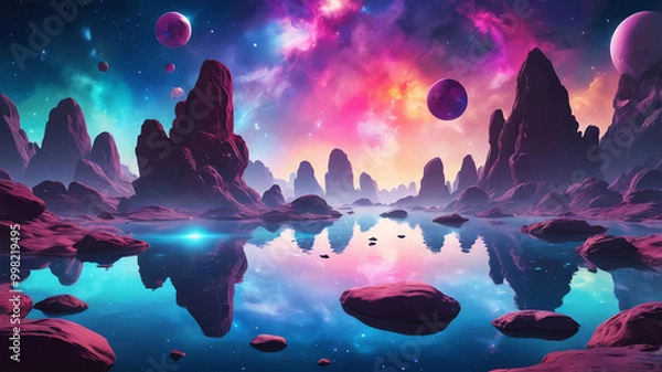 Fototapeta floating rocks amidst a vibrant nebula
