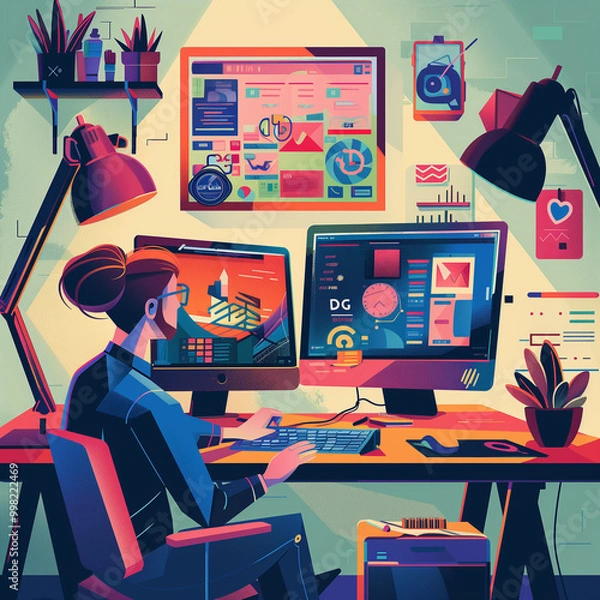 Fototapeta Illustration of a designer working at a colorful, creative workspace.