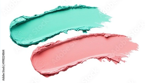 Fototapeta An elegant layout of liquid lipstick and eyeshadow swatches in Cybergem, Escapist Green, and Skylight Blue, with glossy, reflective textures.