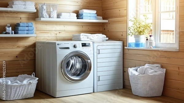 Fototapeta A tidy, modern laundry room with a front-loading washer, dryer, and neatly organized white shelves, bathed in natural light.