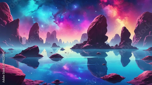 Fototapeta floating rocks amidst a vibrant nebula 