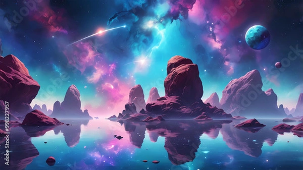 Fototapeta floating rocks amidst a vibrant nebula 