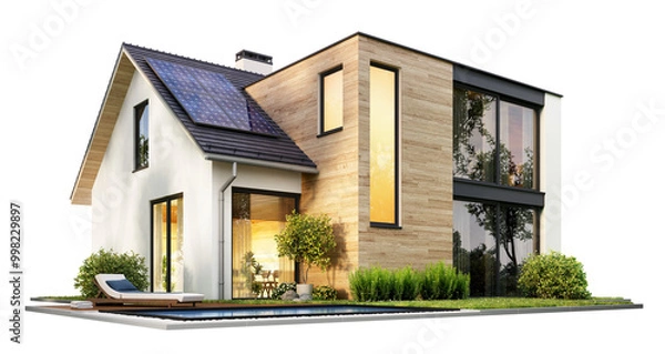 Obraz Modern house with solar panels on a transparent background