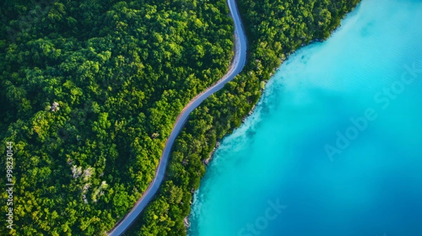 Fototapeta Winding road hugging the edge of a turquoise lake and green forest, offering a serene scenic view