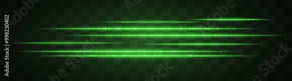 Fototapeta Horizontal green light effect isolated on transparent background. Graphical patch of reflected light. Neon stripes. Bright glowing lines. Lens flare. Abstract rays. Vector illustration