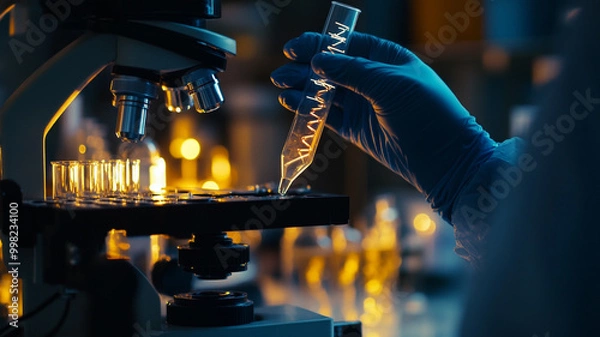 Fototapeta Scientist using a microscope in a laboratory to analyze samples during evening hours