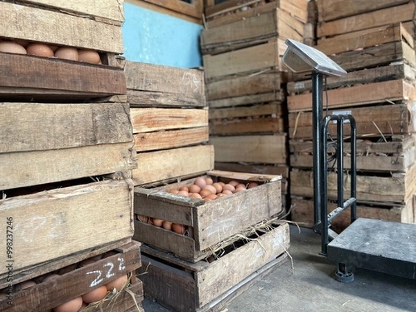 Obraz stacked of eggs in boxes and big scales