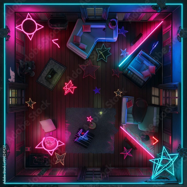 Fototapeta Advanced Cyberpunk Battle Map for Sci-Fi DnD, Top-Down RPG Map with Futuristic Urban Setting, Virtual Tabletop Asset for High-Tech Environments and Neon Cityscapes, Ideal for Cyberpunk Campaigns