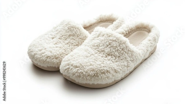 Fototapeta A pair of fluffy bedroom slippers, isolated on a white background