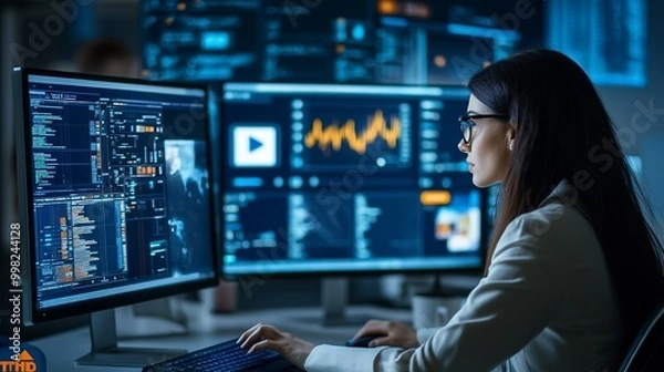 Fototapeta Serious young female professional deeply focused on examining and analyzing complex data analytics information displayed on multiple computer screens in a high tech office workspace