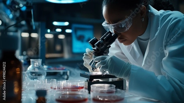 Fototapeta Scientist Intently Examining Samples Under a High Powered Microscope in a Well Equipped Laboratory Focused on Groundbreaking Scientific Research and Discoveries