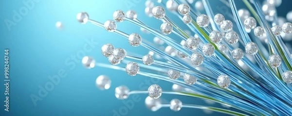 Fototapeta An abstract representation of digital connections, featuring luminous strands and spheres against a soft blue background.